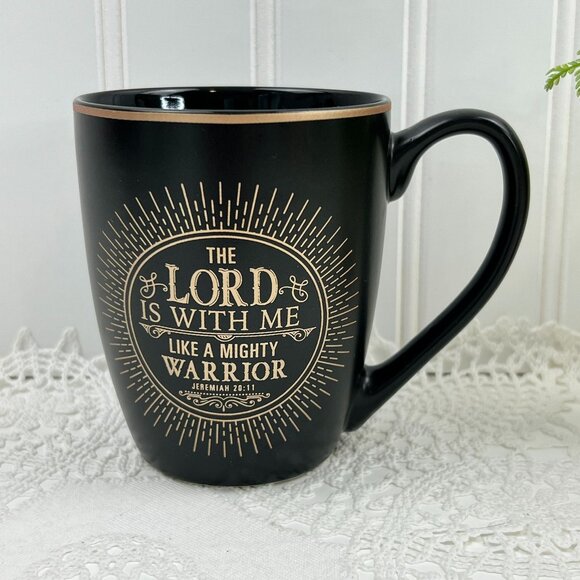Christian Art Gifts Coffee Mug 10 Oz "The Lord Is With Me" Black Gold Trim - Picture 1 of 8